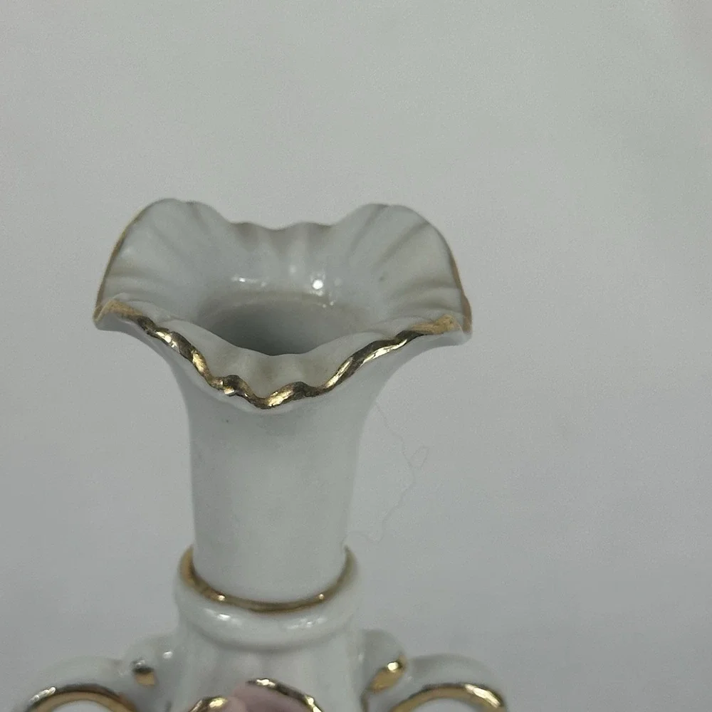 Vintage Pair Miniature Porcelain Bud Vases Pink Applied Roses Gold Trim 5